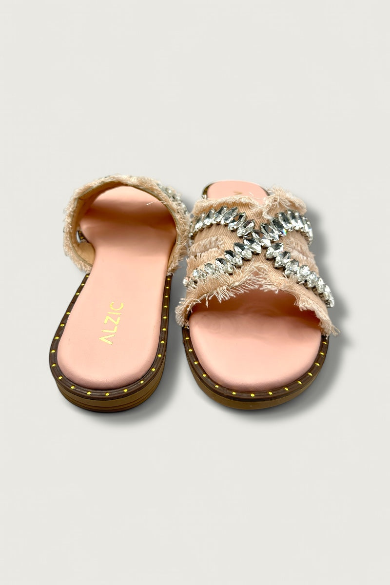 Crystal Peach Fringe Flats