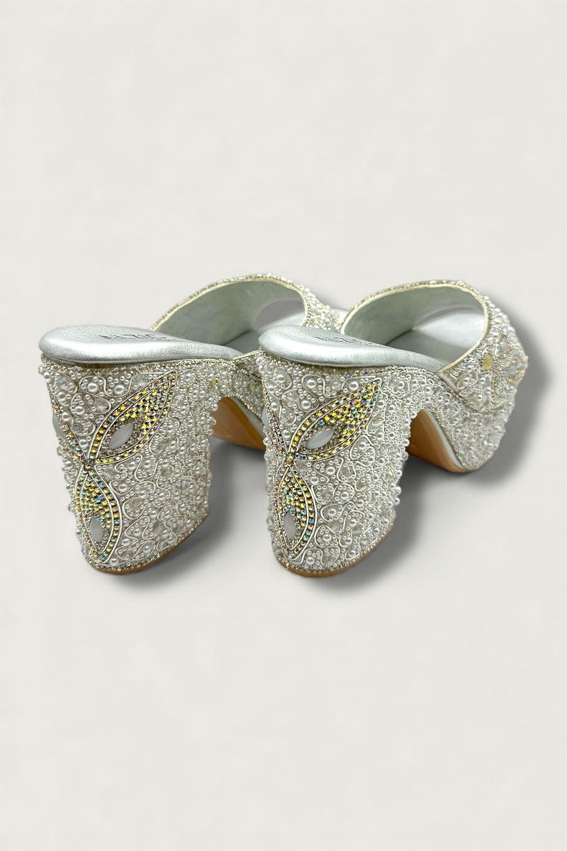 Luxury Pearl Embellished Silver Platform Heels