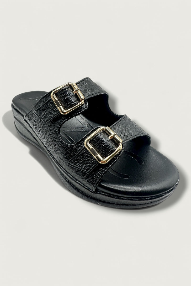 Bella Luxe Black Double-Buckle Comfort Slides