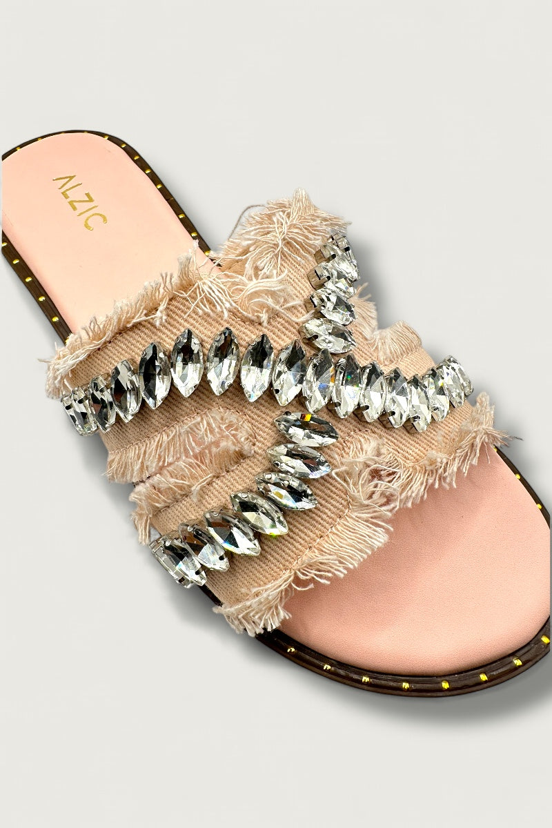 Crystal Peach Fringe Flats