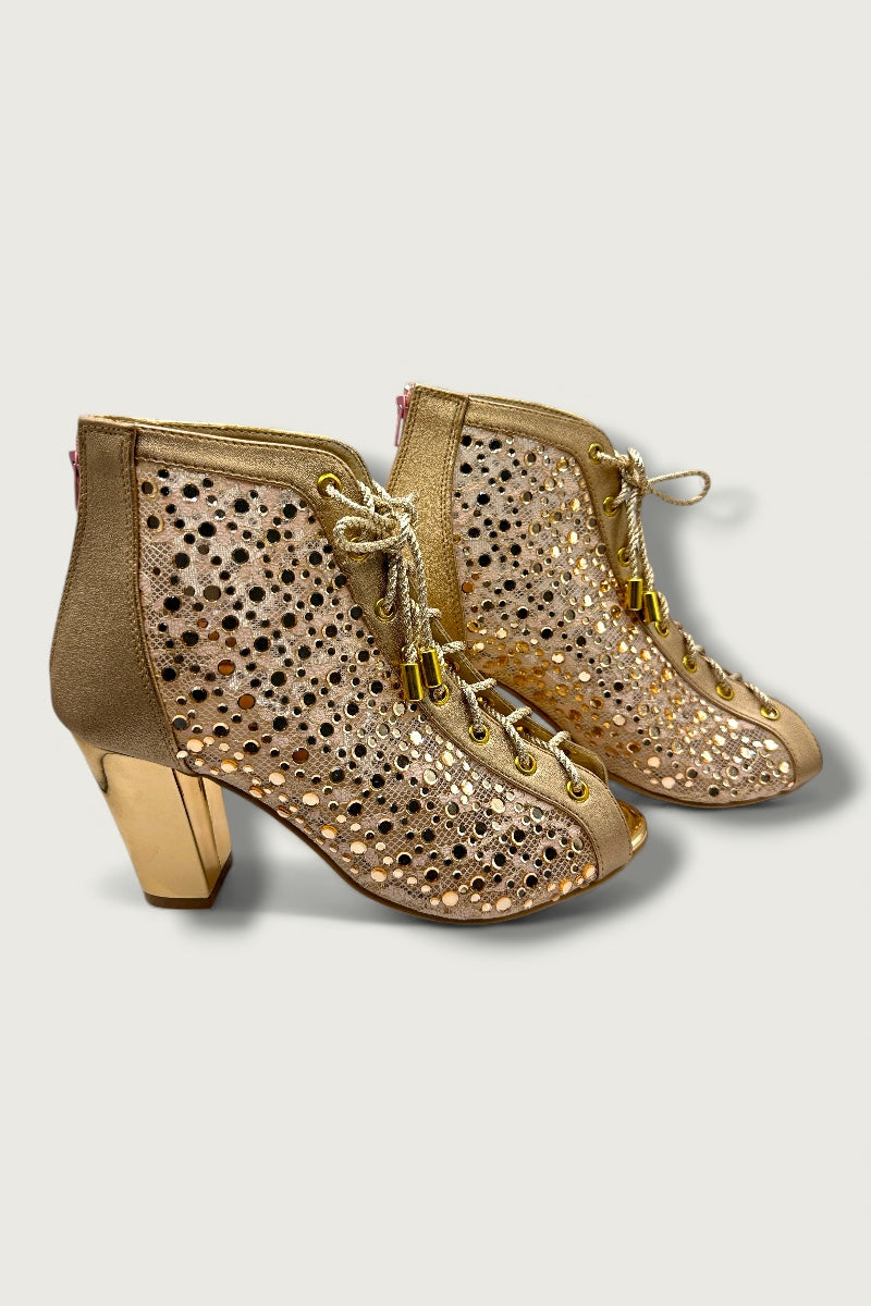 Luxe Mesh Rose Gold Lace-Up Block Heels