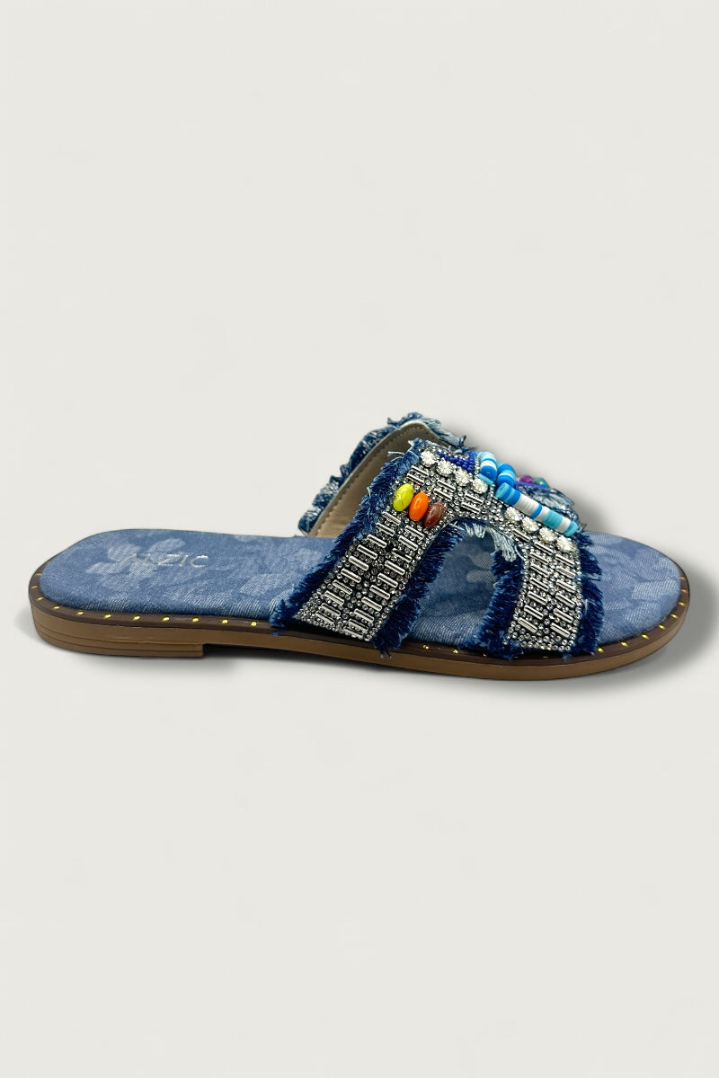 Boho Luxe Beaded Denim Slide Sandals