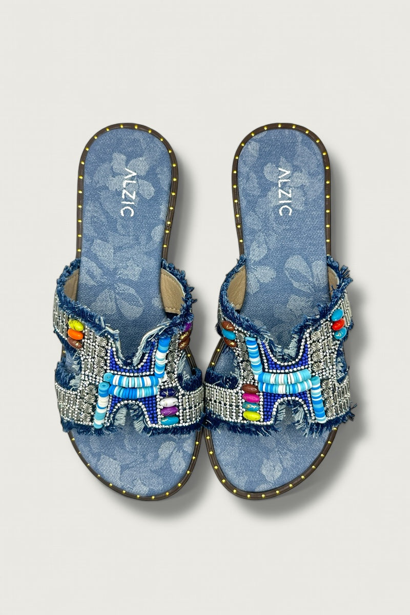 Boho Luxe Beaded Denim Slide Sandals