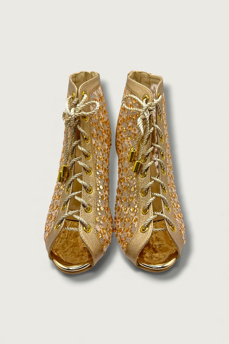 Luxe Mesh Rose Gold Lace-Up Block Heels