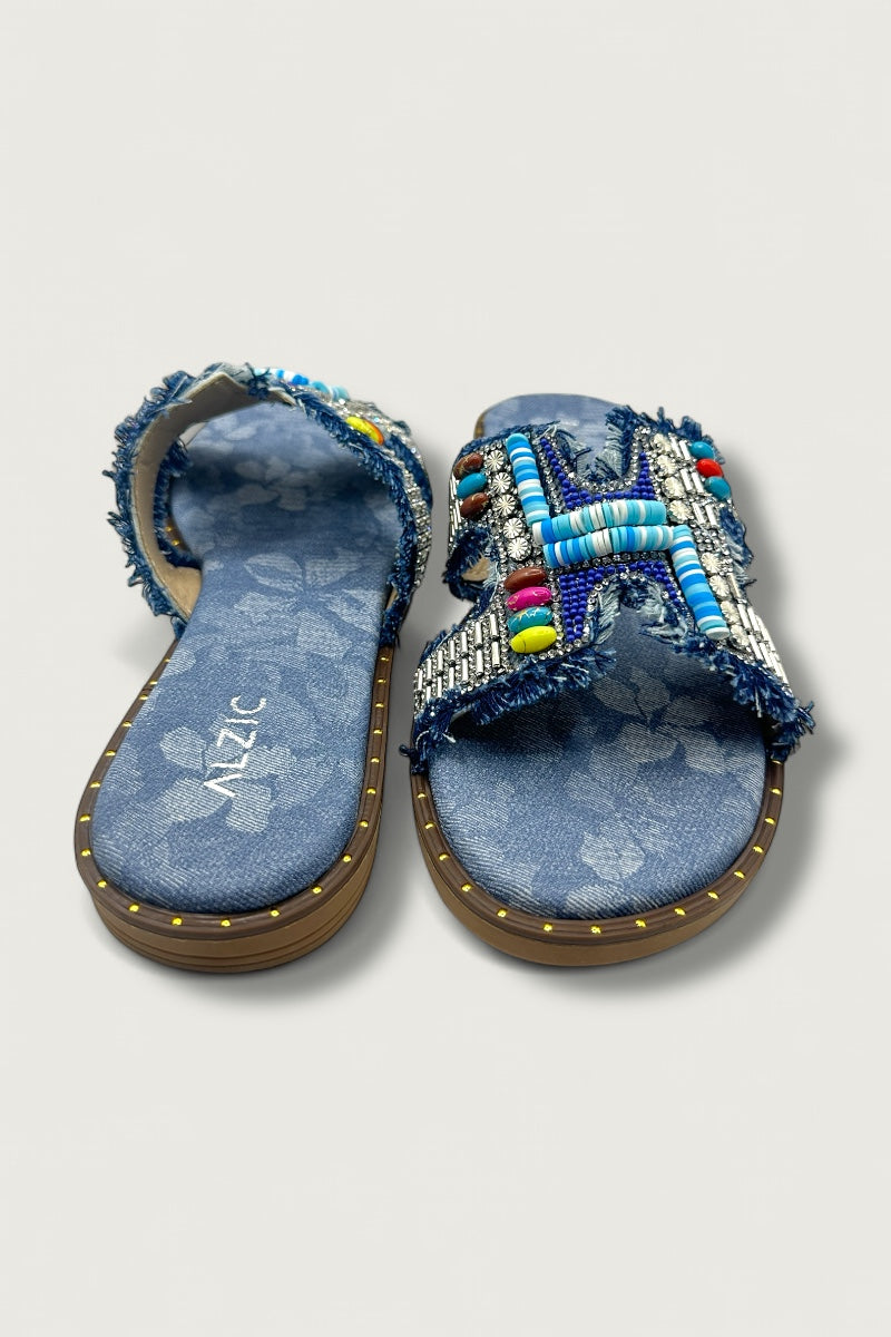 Boho Luxe Beaded Denim Slide Sandals