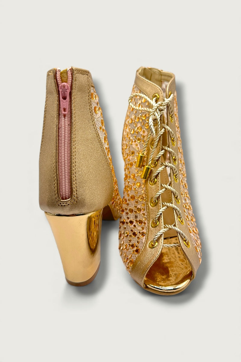 Luxe Mesh Rose Gold Lace-Up Block Heels