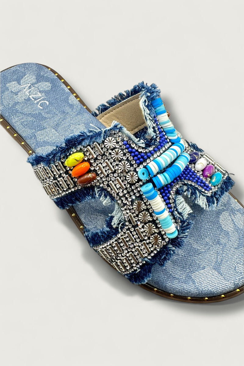 Boho Luxe Beaded Denim Slide Sandals