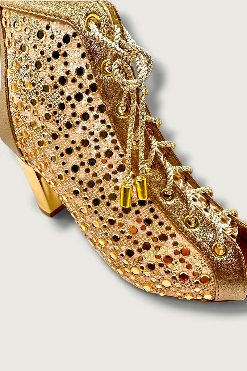 Luxe Mesh Rose Gold Lace-Up Block Heels