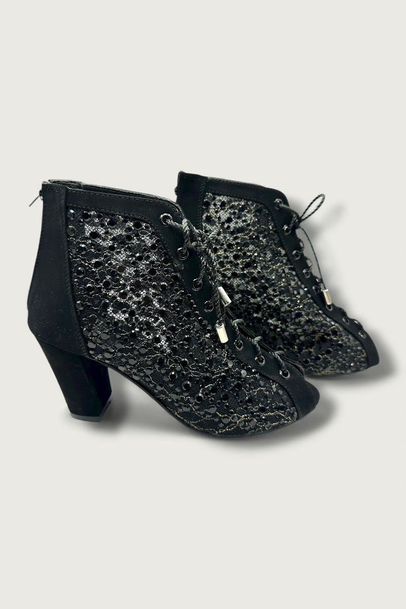 Luxe Mesh Balck Lace-Up Block Heels