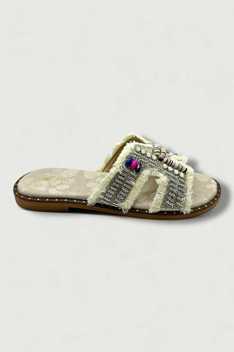 Boho Luxe Beaded Denim Slide Sandals