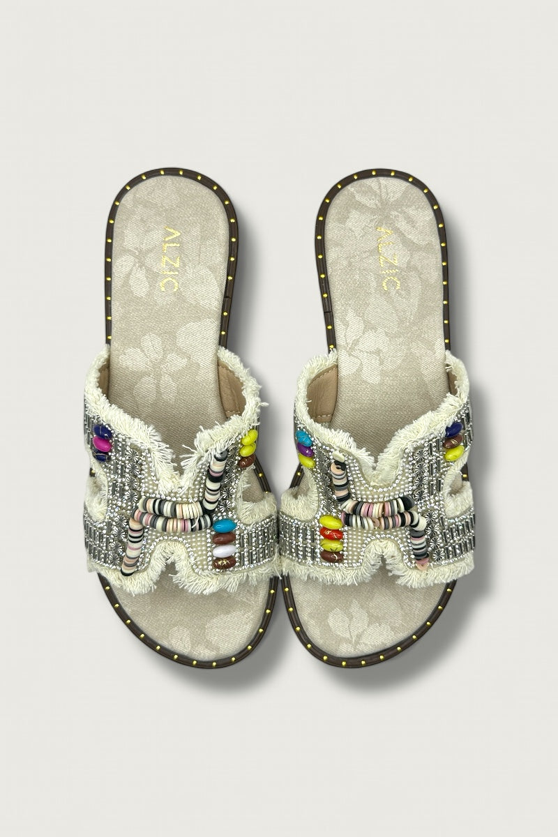 Boho Luxe Beaded Denim Slide Sandals