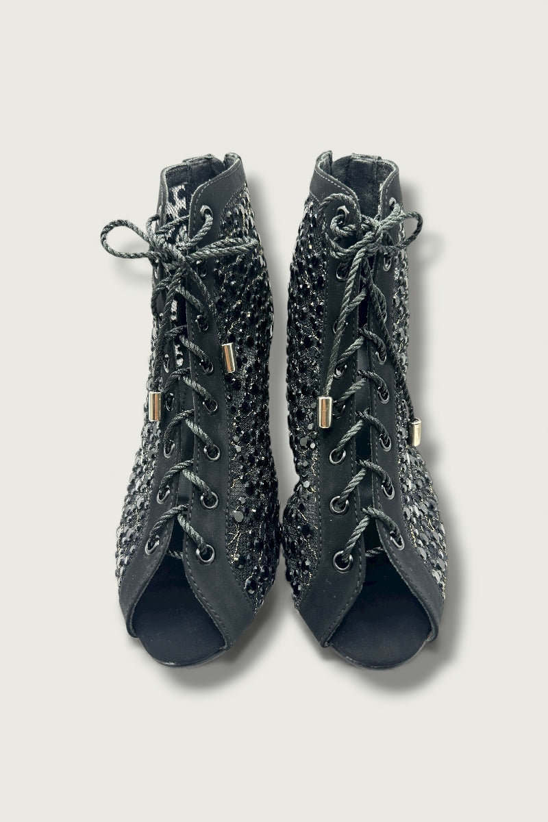 Luxe Mesh Balck Lace-Up Block Heels