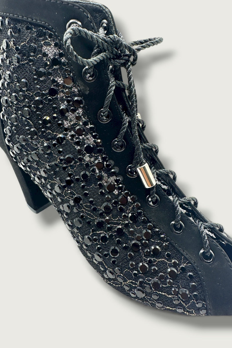 Luxe Mesh Balck Lace-Up Block Heels