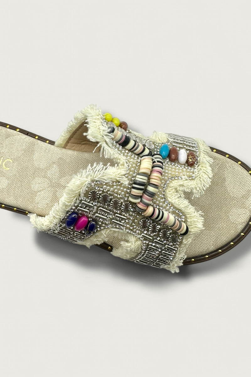 Boho Luxe Beaded Denim Slide Sandals