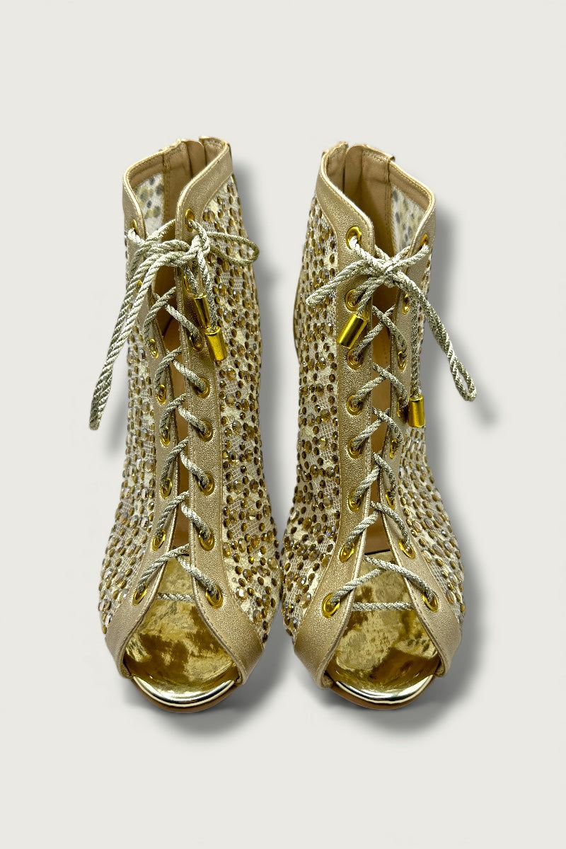 Luxe Mesh Golden Lace-Up Block Heels