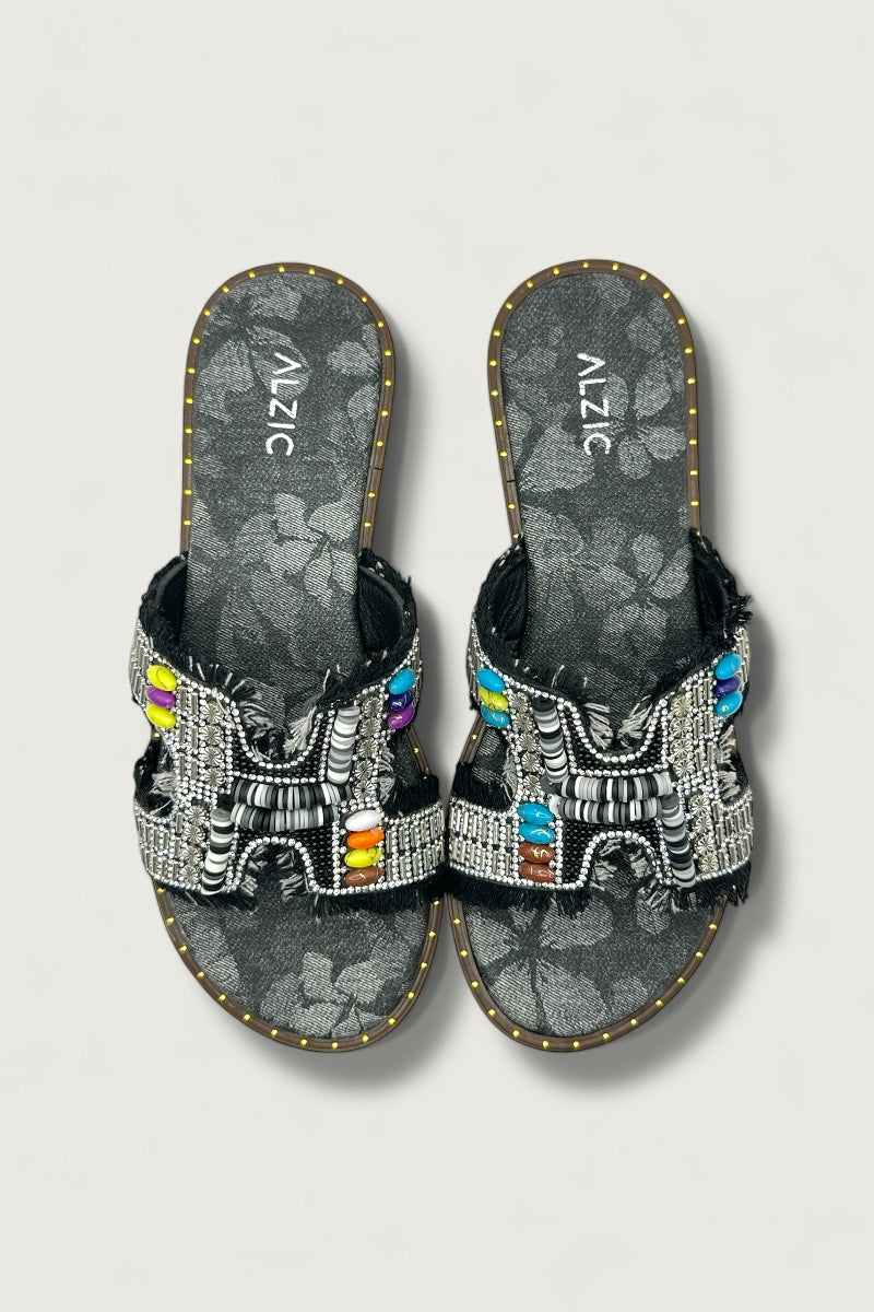 Boho Luxe Beaded Denim Slide Sandals