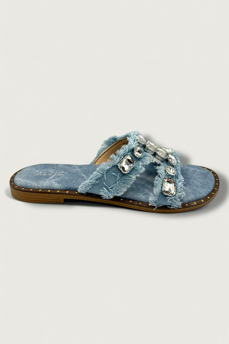 Crystal Light Blue Denim Glam Flats
