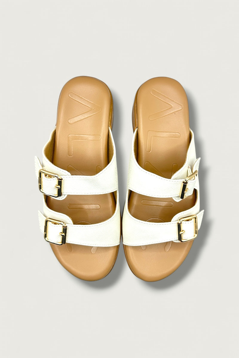 Bella Luxe White Double-Buckle Comfort Slides