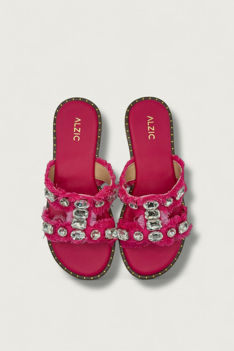 Crystal Dark Pink Denim Glam Flats