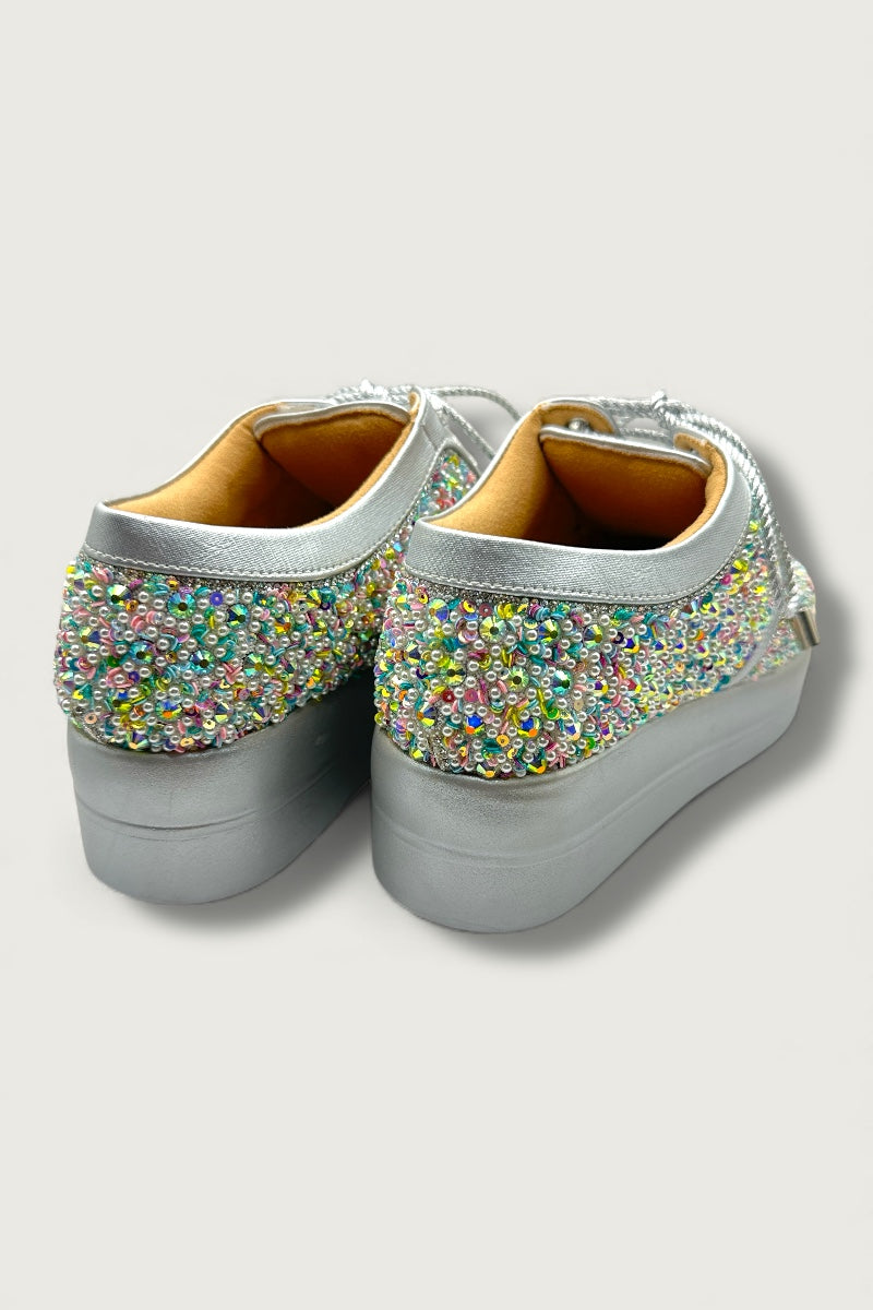 Crystal Burst Silver Bridal Platform Sneakers