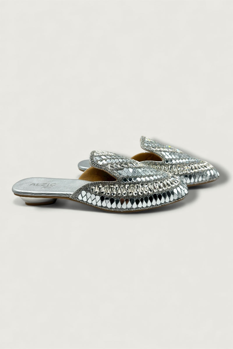 Silver Mirror-Work Embellished Ethnic Slides
