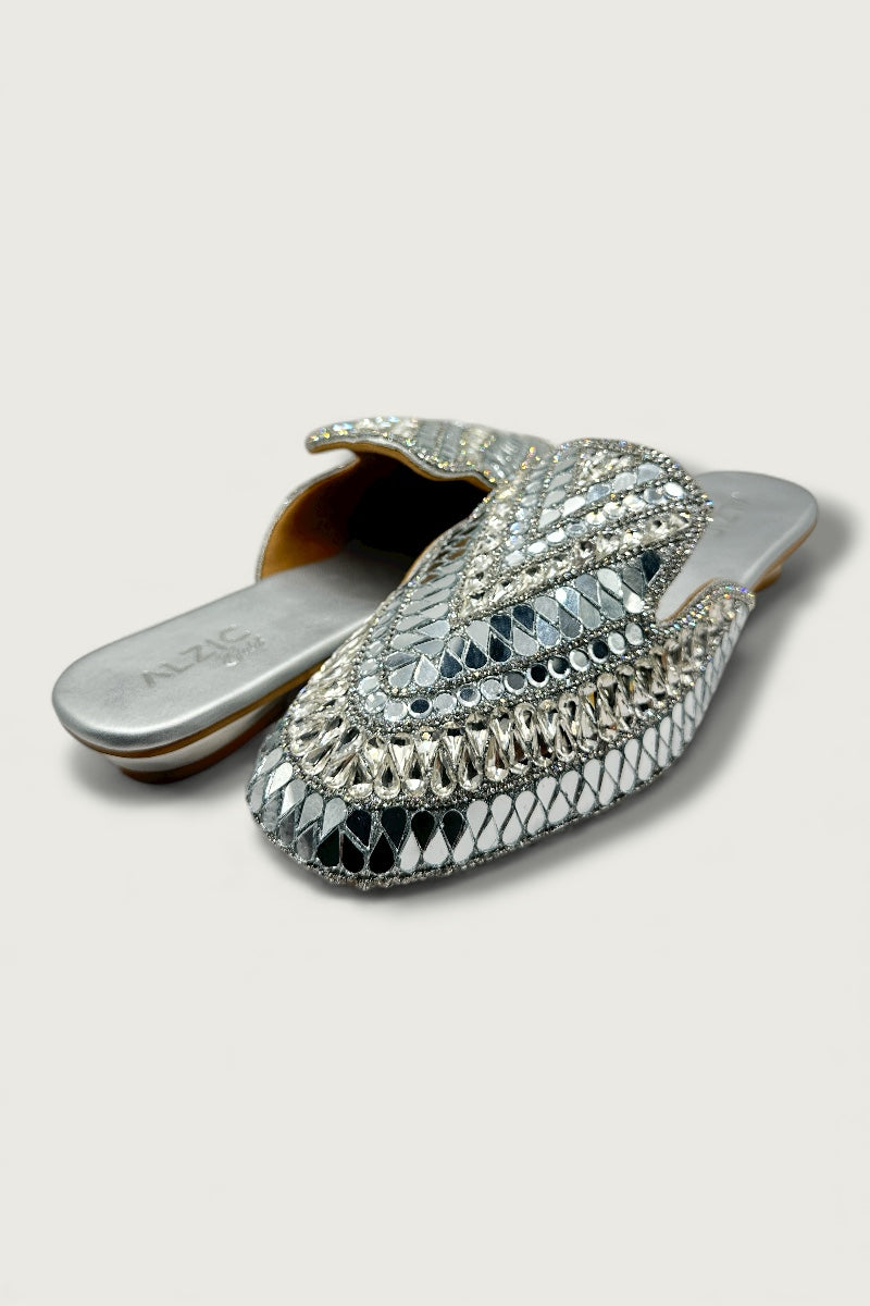 Silver Mirror-Work Embellished Ethnic Slides