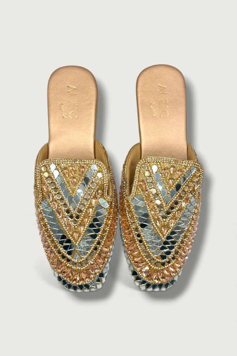 Rose Gold Mirror-Work Embellished Ethnic Slides
