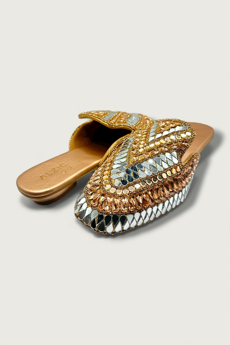 Rose Gold Mirror-Work Embellished Ethnic Slides