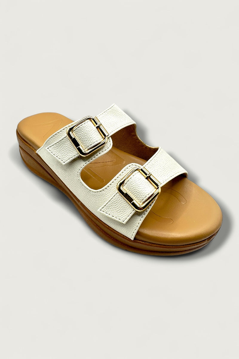 Bella Luxe White Double-Buckle Comfort Slides