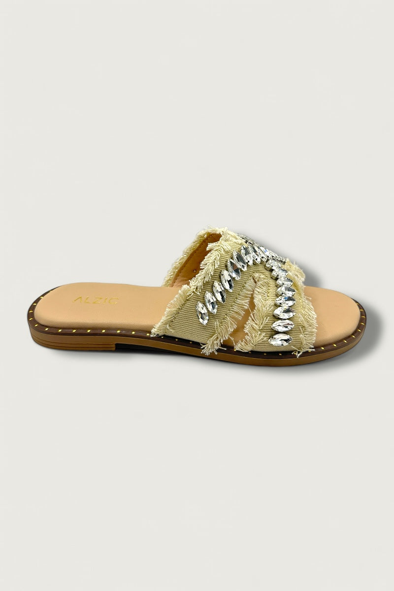 Crystal Cream Fringe Flats