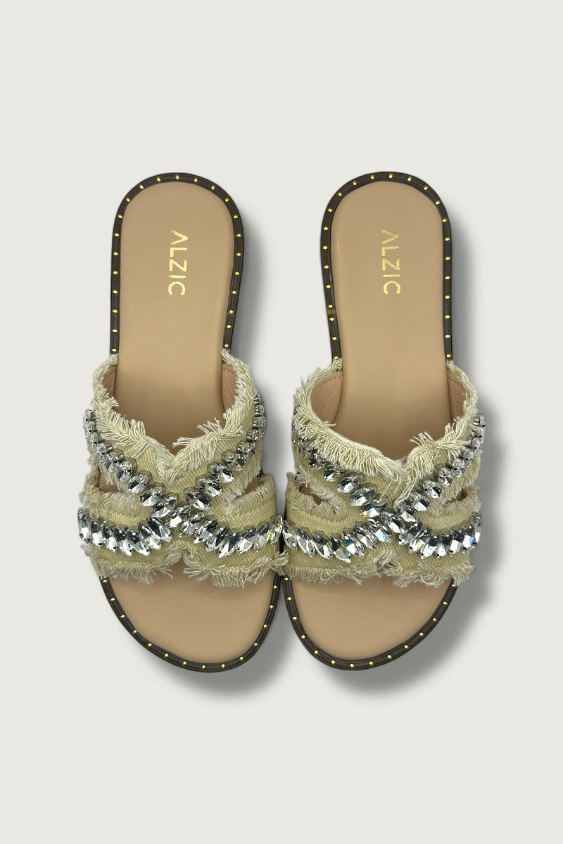 Crystal Cream Fringe Flats
