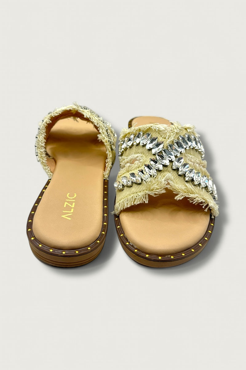 Crystal Cream Fringe Flats