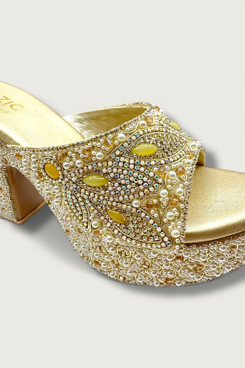 Luxury Pearl Embellished Golden Platform Heels
