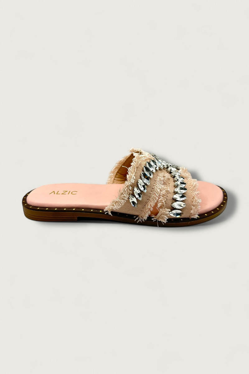 Crystal Peach Fringe Flats