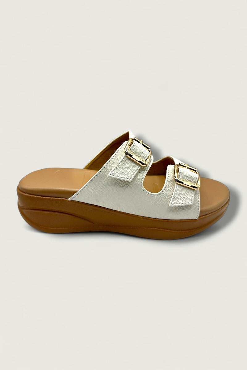 Bella Luxe White Double-Buckle Comfort Slides