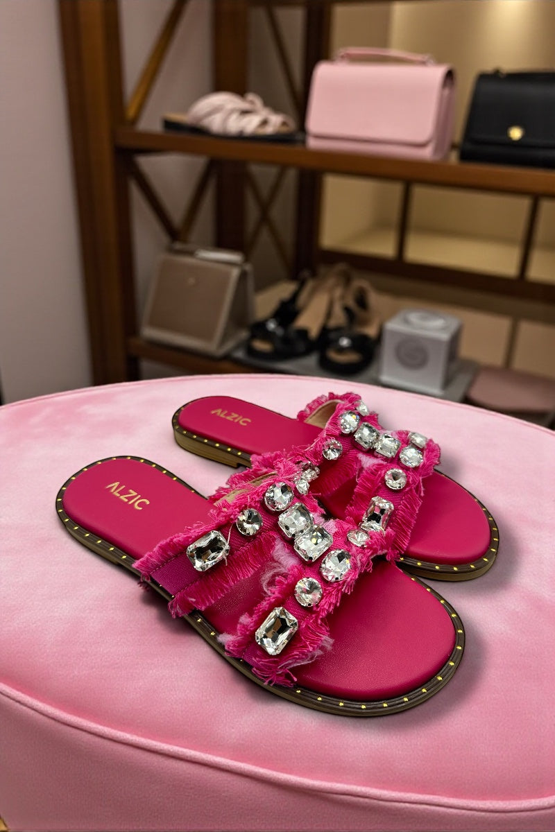 Crystal Dark Pink Denim Glam Flats