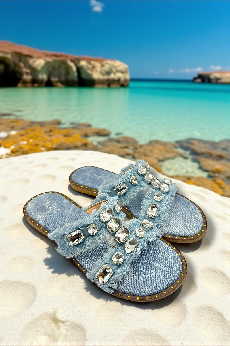 Crystal Light Blue Denim Glam Flats
