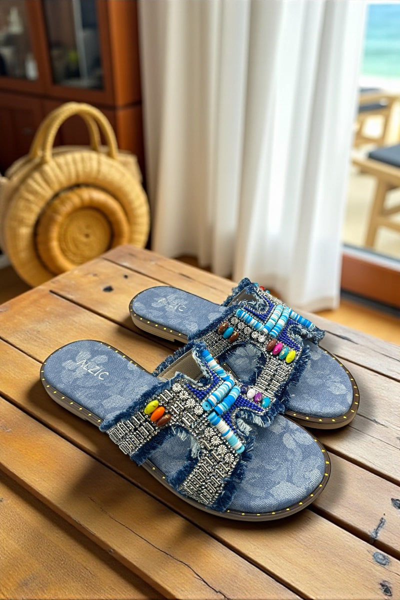 Boho Luxe Beaded Denim Slide Sandals