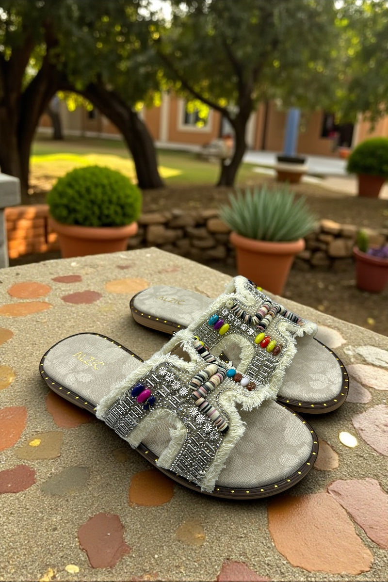 Boho Luxe Beaded Denim Slide Sandals