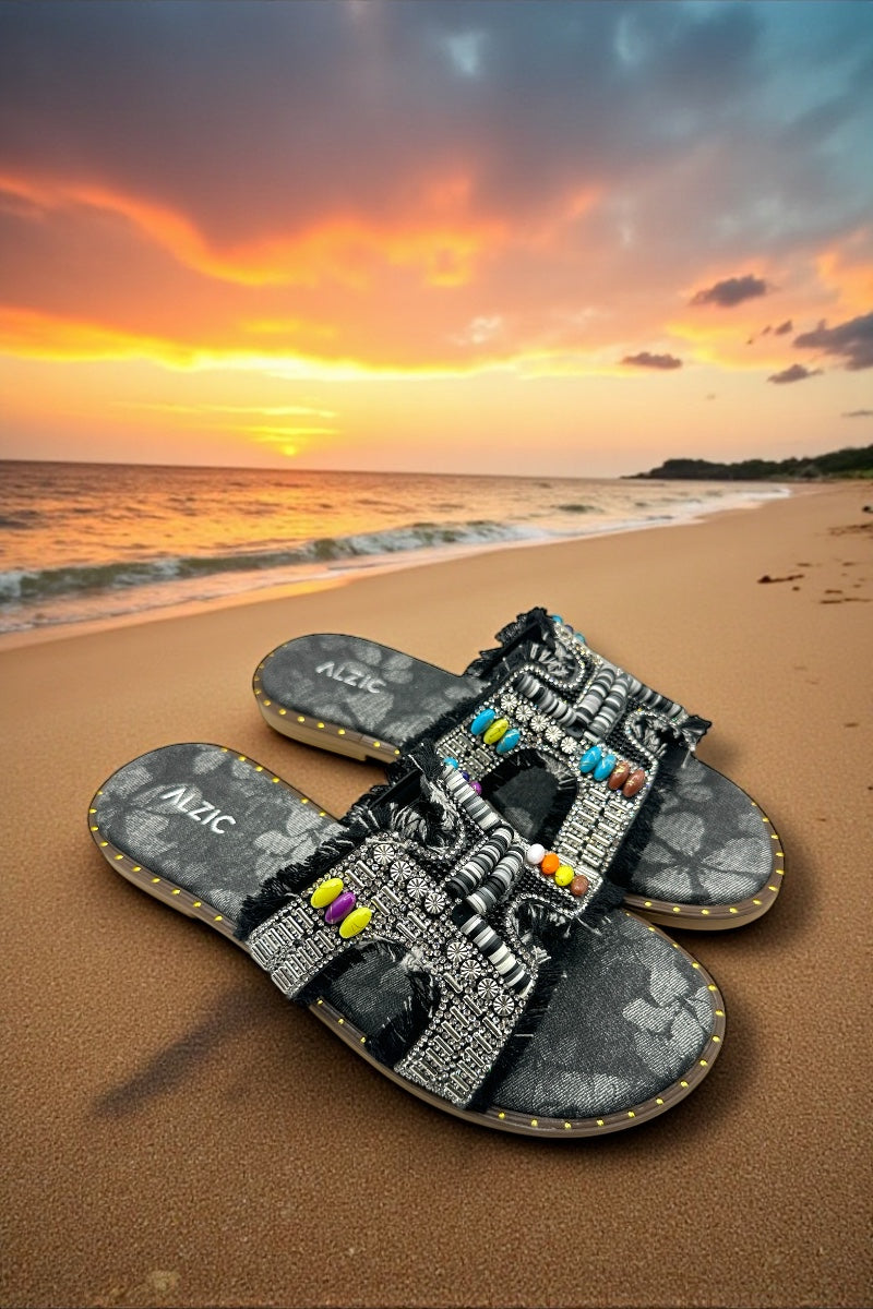 Boho Luxe Beaded Denim Slide Sandals