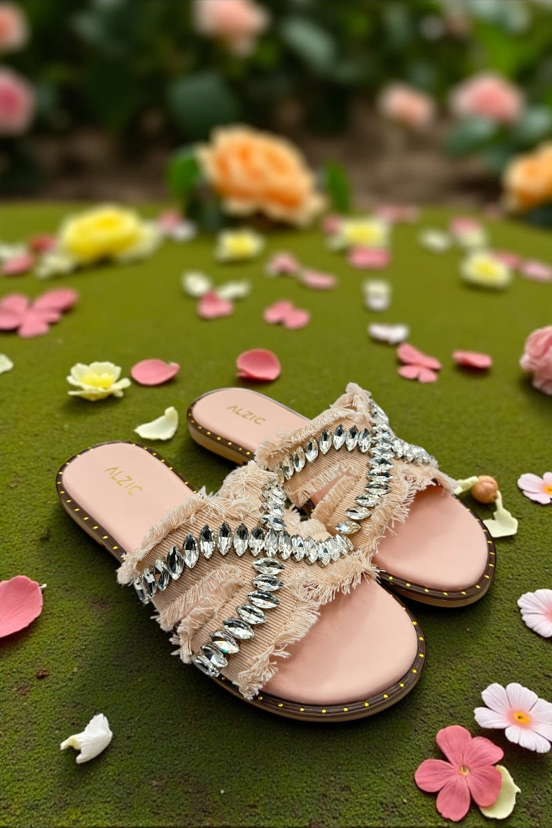 Crystal Peach Fringe Flats