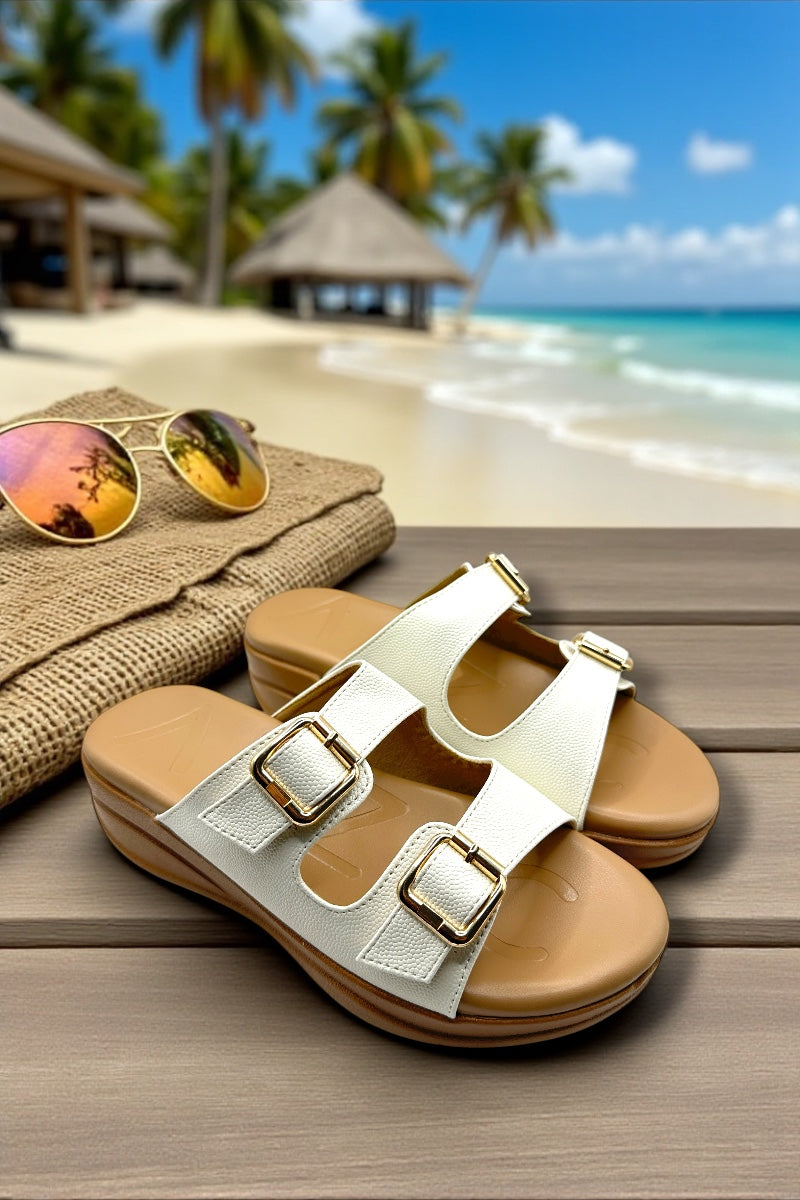 Bella Luxe White Double-Buckle Comfort Slides