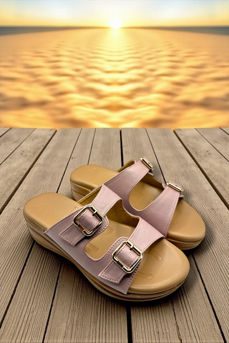 Bella Luxe Pink Double-Buckle Comfort Slides