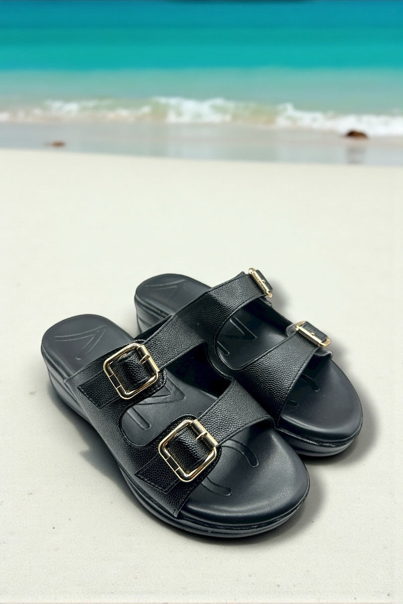 Bella Luxe Black Double-Buckle Comfort Slides