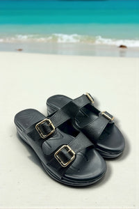 Bella Luxe Black Double-Buckle Comfort Slides