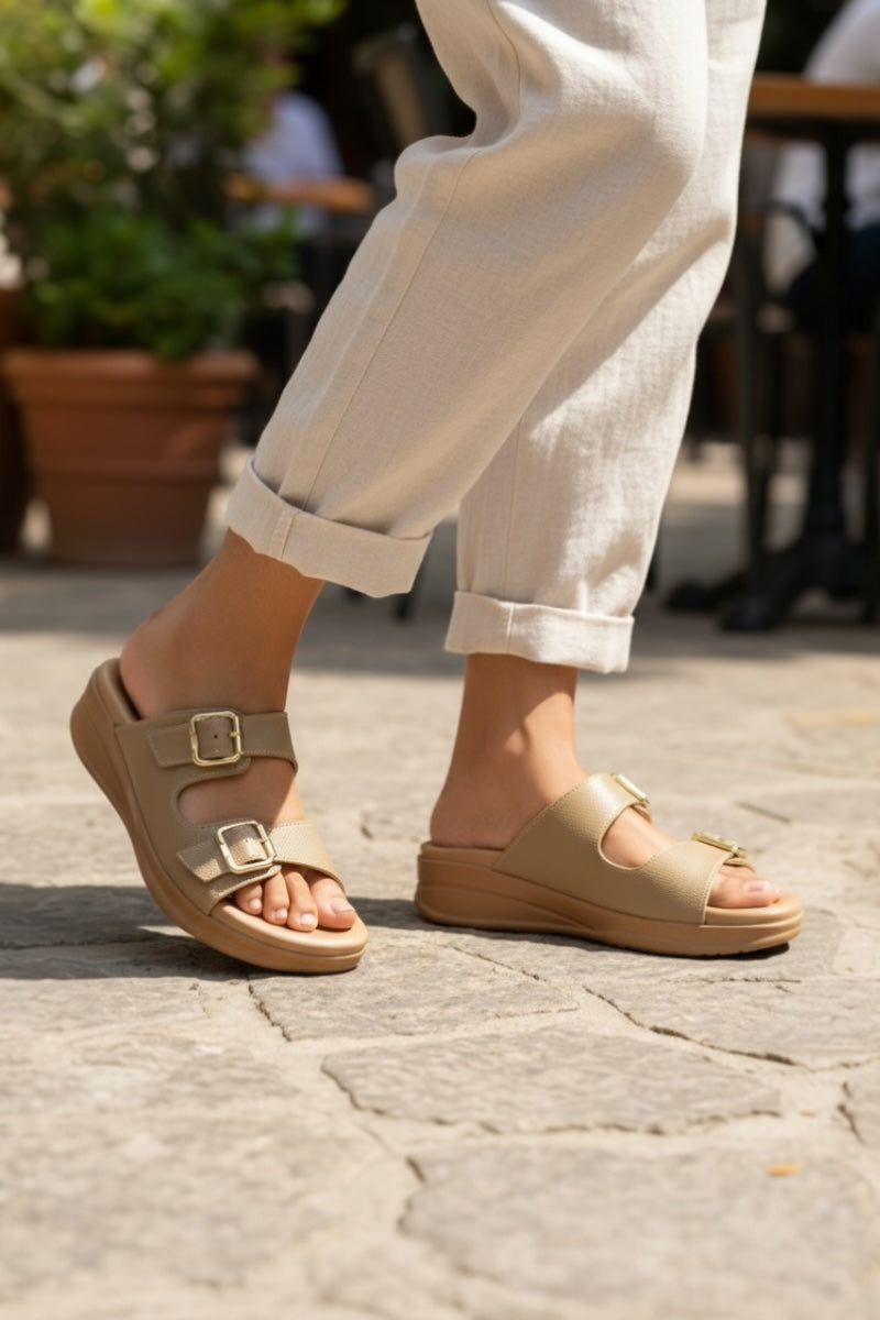 Bella Luxe Brown Double-Buckle Comfort Slides