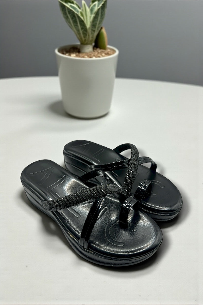 Black Luxe Crystal Slides