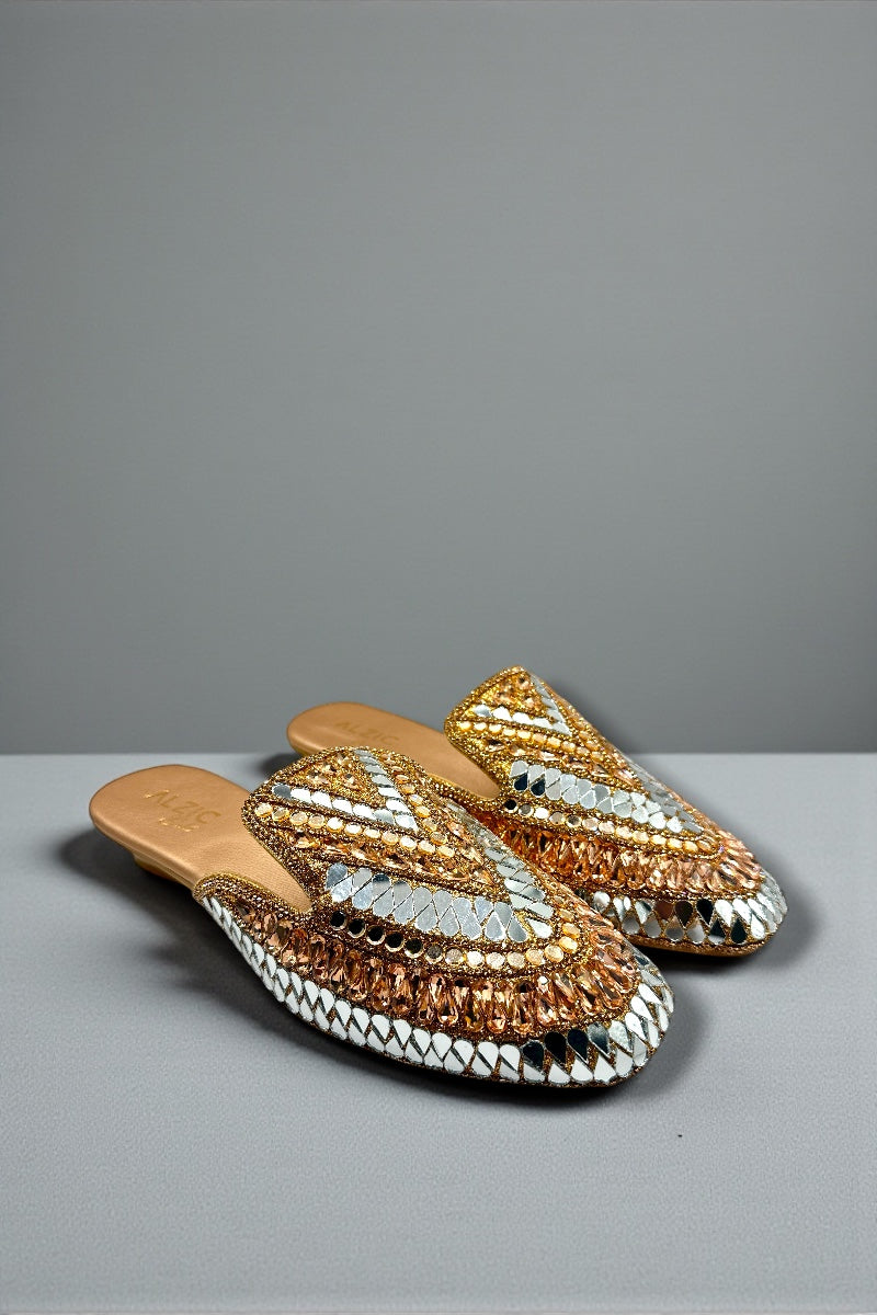 Rose Gold Mirror-Work Embellished Ethnic Slides