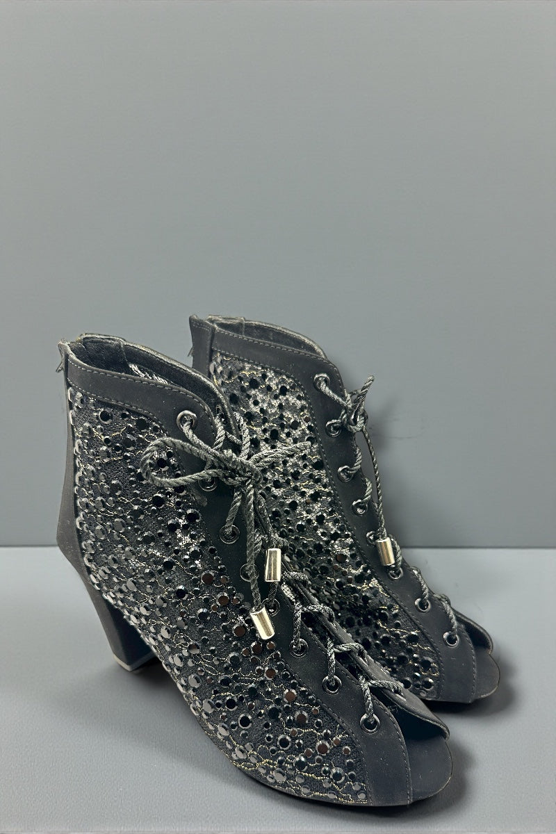 Luxe Mesh Balck Lace-Up Block Heels