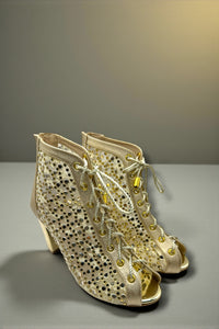 Luxe Mesh Golden Lace-Up Block Heels